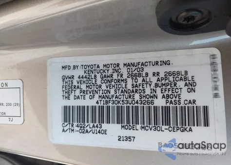 2003 Toyota Camry Xle V6 from USA, damaged, VIN 4T1BF30K53U043266